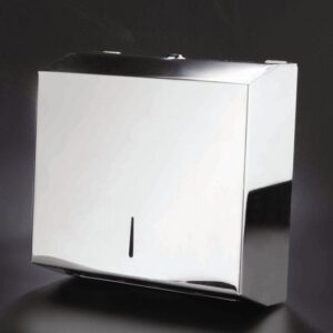 Wall-mounted Z-fold paper towel dispenser in polished stainless steel with locking front panel, paper level viewer, and universal outlet.