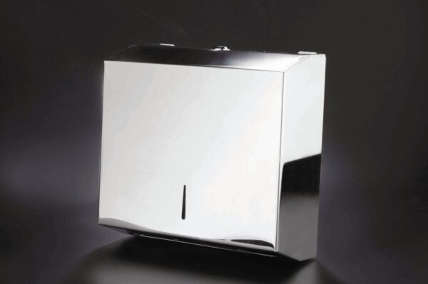 Wall-mounted Z-fold paper towel dispenser in polished stainless steel with locking front panel, paper level viewer, and universal outlet.