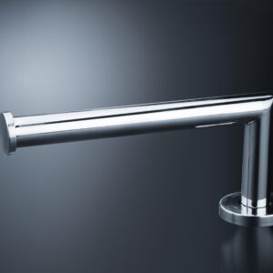 Portarrollos horizontal sin arandela en acabado brillante, fabricado en latón, con fijación segura para baños de hoteles, restaurantes o colectividades.