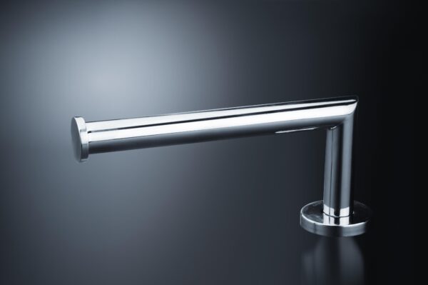 Portarrollos horizontal sin arandela en acabado brillante, fabricado en latón, con fijación segura para baños de hoteles, restaurantes o colectividades.