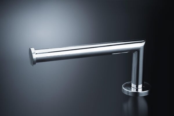 Portarrollos horizontal sin arandela en acabado brillante, fabricado en latón, con fijación segura para baños de hoteles, restaurantes o colectividades.