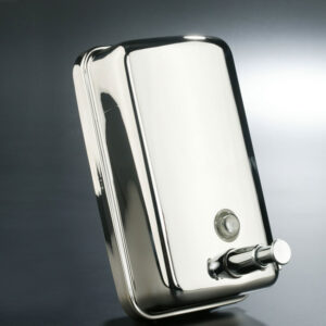 Vertical bright stainless steel soap dispenser with 1.2-liter polyethylene tank, chrome valve, viewing window, and top lock for professional use.