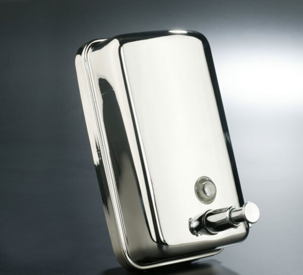 Vertical bright stainless steel soap dispenser with 1.2-liter polyethylene tank, chrome valve, viewing window, and top lock for professional use.