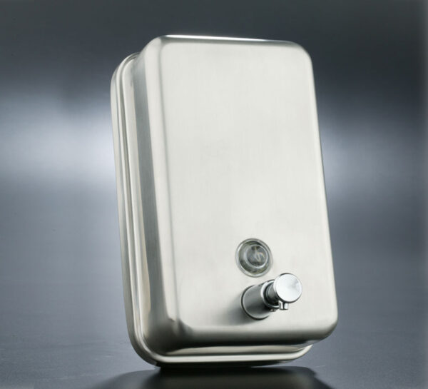 Vertical satin stainless steel soap dispenser with 1.2-liter internal tank, chrome valve, lock, and viewing window for public and professional restrooms.
