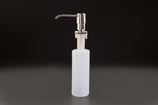 Jabonera empotrada en acero inoxidable brillo con depósito interior de 400 ml, ideal para encimeras en baños profesionales y espacios elegantes.