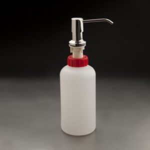 Built-in stainless steel soap dispenser with 1-liter plastic bottle, polished finish, and dosing neck for countertop installation in professional spaces.