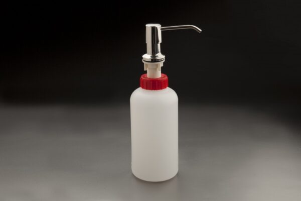 Built-in stainless steel soap dispenser with 1-liter plastic bottle, polished finish, and dosing neck for countertop installation in professional spaces.