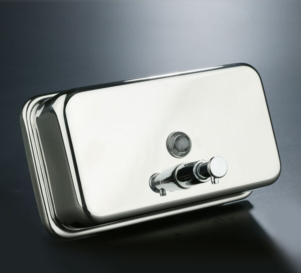 Wall-mounted horizontal soap dispenser made of polished stainless steel with 1.2L plastic tank, chrome valve, and key-lock closure for professional use.