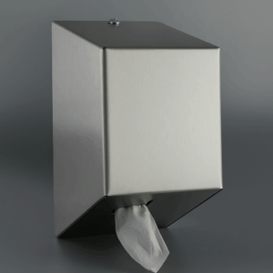 Wall-mounted satin stainless steel center-pull paper dispenser with lock and automatic paper outlet for hygienic and professional environments.