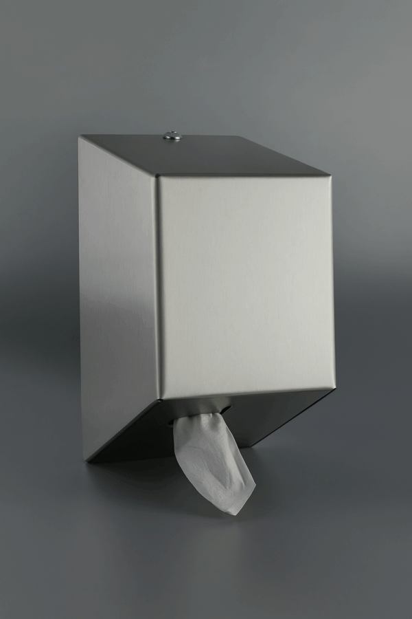 Wall-mounted satin stainless steel center-pull paper dispenser with lock and automatic paper outlet for hygienic and professional environments.