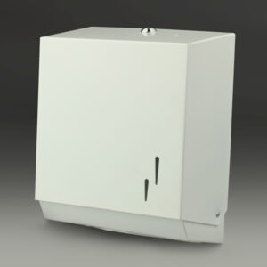Wall-mounted white metal Z-fold towel dispenser with top key lock, level viewer, and universal paper outlet