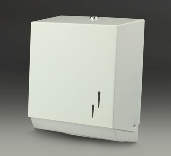 Wall-mounted white metal Z-fold towel dispenser with top key lock, level viewer, and universal paper outlet