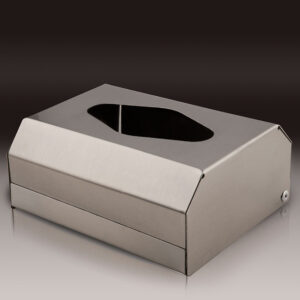 Satin stainless steel dispenser for gloves, caps, and shoe covers with wall-mount or tabletop setup for hygienic and professional environments.