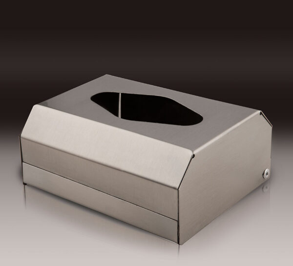 Satin stainless steel dispenser for gloves, caps, and shoe covers with wall-mount or tabletop setup for hygienic and professional environments.