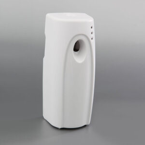 White electronic aerosol air freshener dispenser with light sensor and programmable spray timing for use in bathrooms, offices, and public areas.