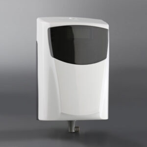 White electronic bacteriostatic dispenser with LED screen and programmable dosing for urinal hygiene in public and commercial restrooms.