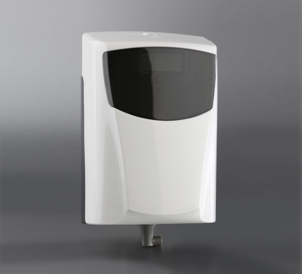 White electronic bacteriostatic dispenser with LED screen and programmable dosing for urinal hygiene in public and commercial restrooms.