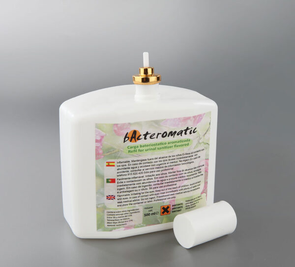 Hygienic liquid refill with brass dosing valve for automatic dispensers in urinals and toilets. 500 uses per bottle. Multiple scents available.