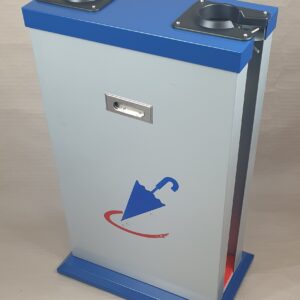Enfundador doble metálico para paraguas largos y cortos, acabado azul, ideal para entradas de oficinas, hoteles y espacios públicos.