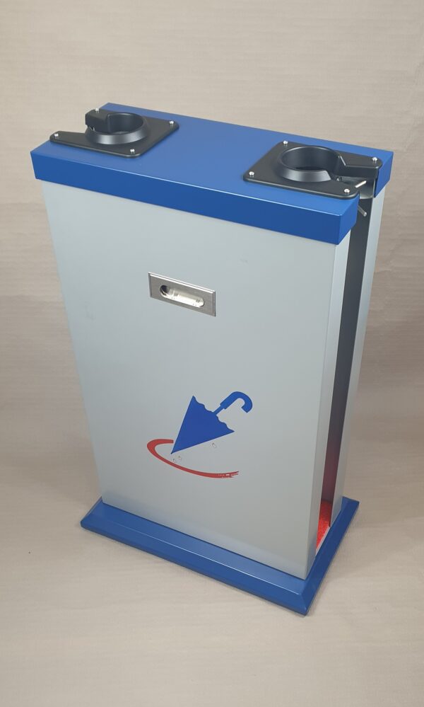 Enfundador doble metálico para paraguas largos y cortos, acabado azul, ideal para entradas de oficinas, hoteles y espacios públicos.