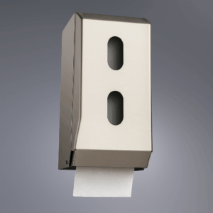 Double toilet roll holder made of satin stainless steel with locking top panel, three viewing windows, and smooth dispensing system for public use.