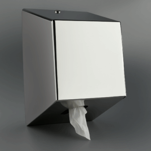 Wall-mounted center-pull paper dispenser in polished stainless steel with secure lock and automatic paper control system for hygiene-critical environments.