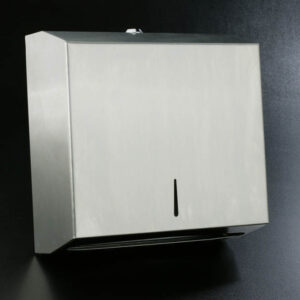 Wall-mounted satin stainless steel Z-fold towel dispenser with key-lock, content viewer, and universal paper slot for professional restrooms.