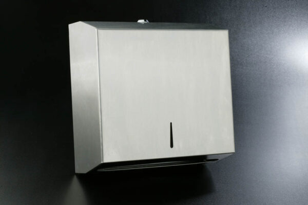 Wall-mounted satin stainless steel Z-fold towel dispenser with key-lock, content viewer, and universal paper slot for professional restrooms.