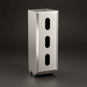Triple toilet roll holder in satin stainless steel with locking top panel, three content windows, and assisted paper dispensing for public restrooms.