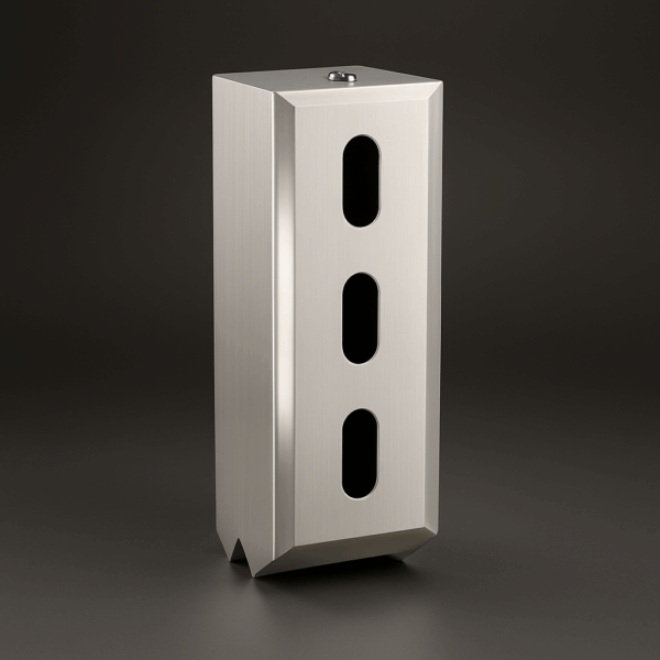 Triple toilet roll holder in satin stainless steel with locking top panel, three content windows, and assisted paper dispensing for public restrooms.