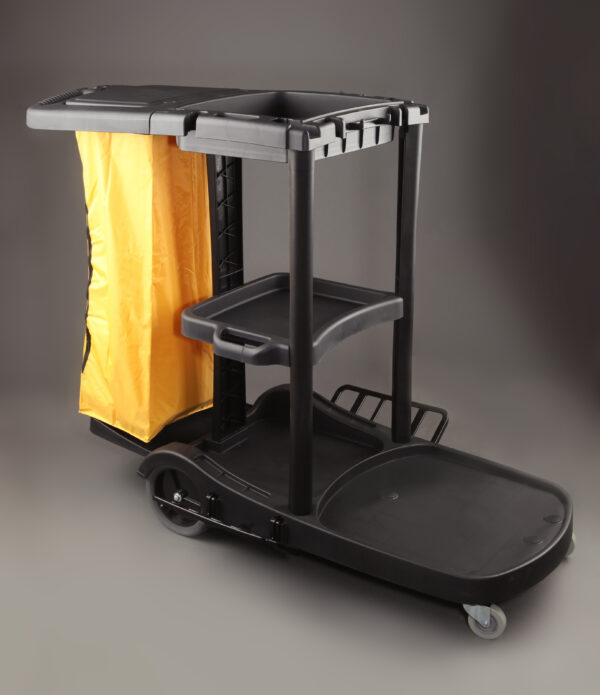 Carro de limpieza en L negro con saco amarillo para hostelería y grandes superficies
