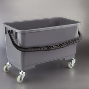 Cubo cristalero gris con ruedas y escurridor para limpieza profesional