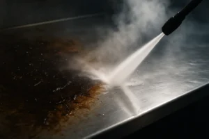hidrolimpiadora de vapor eliminando grasa de una mesa de acero inoxidable