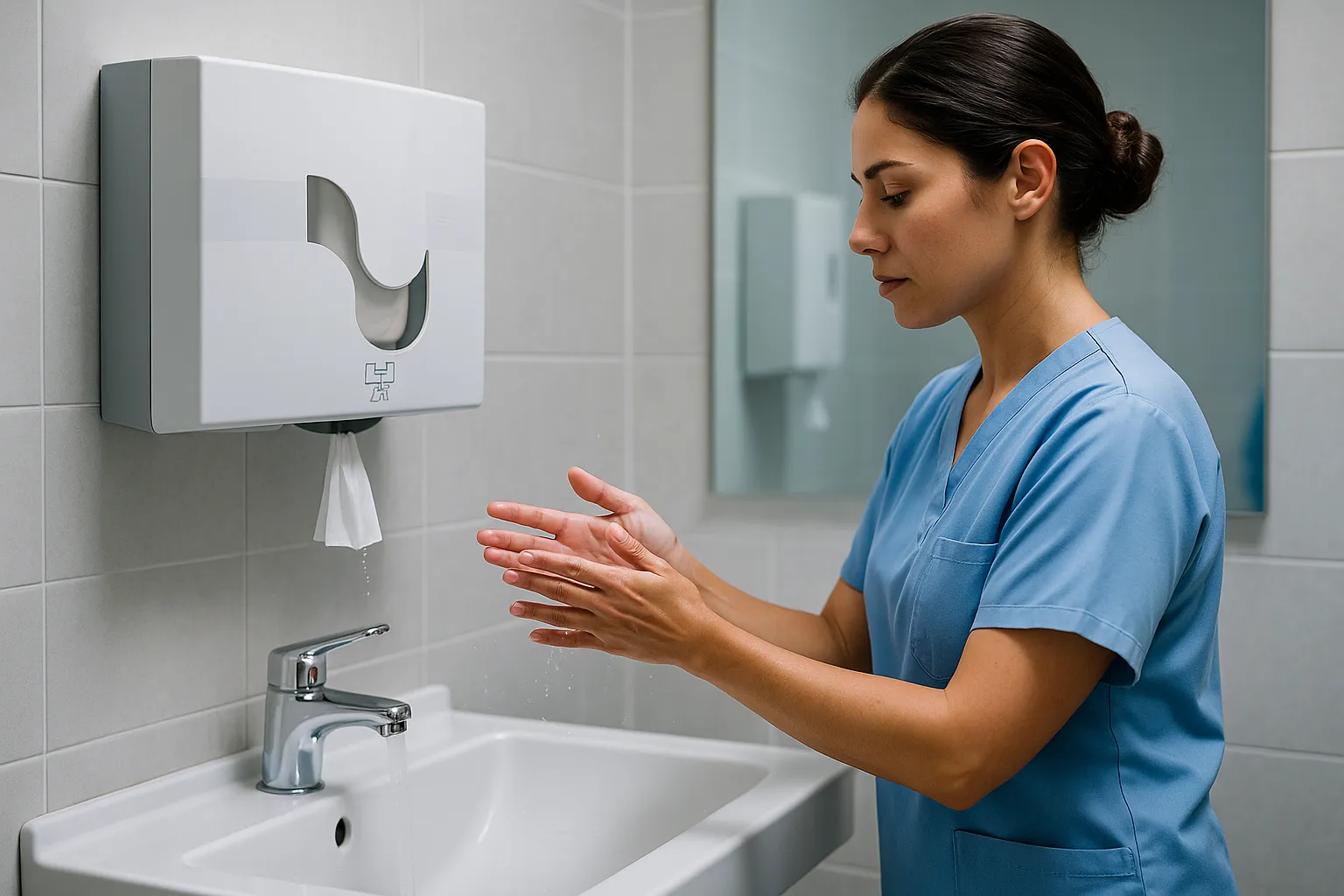 Dispensador de celulosa sostenible para secado de manos en entorno hospitalario