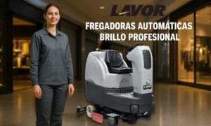 Operaria usando fregadora automática Lavor en centro comercial de Girona con tecnología profesional