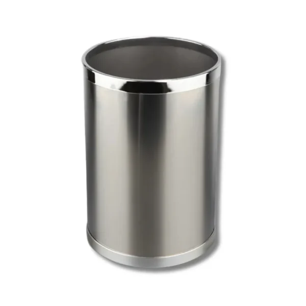 Papelera H4001SSS pequeña redonda inox premium 10L acero inoxidable AISI304 con acabado satinado Scotch y complementos plásticos ABS cromados para espacios ejecutivos