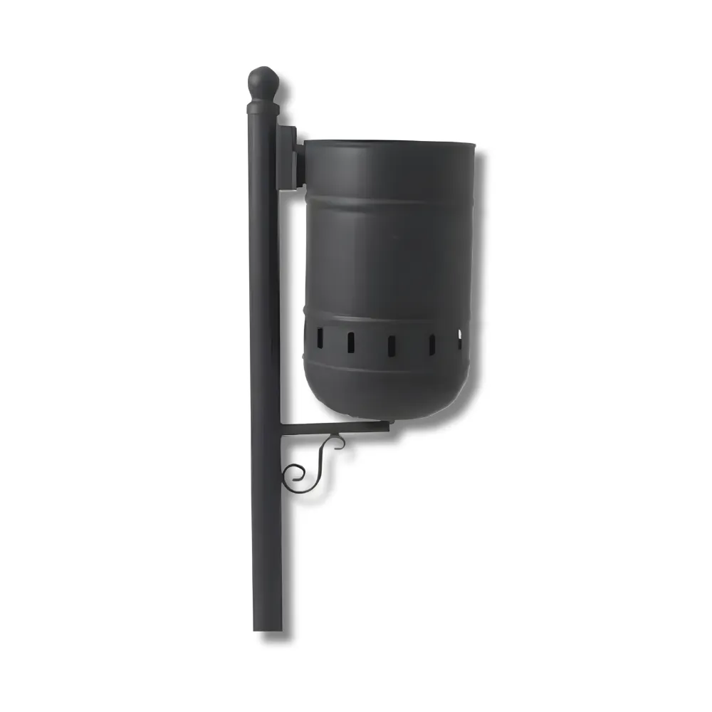 Papelera H5220GRX urbana 40L con poste para encastrar en suelo, chapa electrocincada 1,2mm, cubo cilíndrico Ø330×500mm, sistema abatible y superficie para publicidad