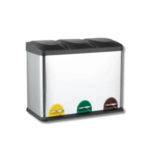 Papelera pedal HR2340SSS reciclaje 3 cubos 45L acero inoxidable satinado con compartimentos independientes para clasificación selectiva de residuos profesional