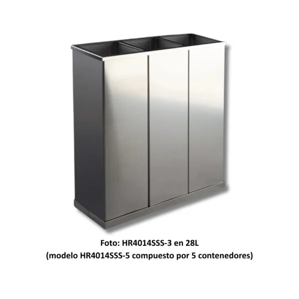 Papelera clasificación HR4014SSS-5(28) vertical 5 cubos 140L acero inoxidable 304 satinado estación reciclaje industrial para separación exhaustiva residuos especializados