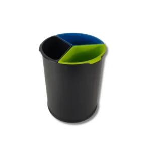 Papelera reciclaje HR4203ZAN habitaciones 12L circular con 3 cubetas triangulares polipropileno colores amarillo-azul-negro para separación selectiva discreta espacios interiores