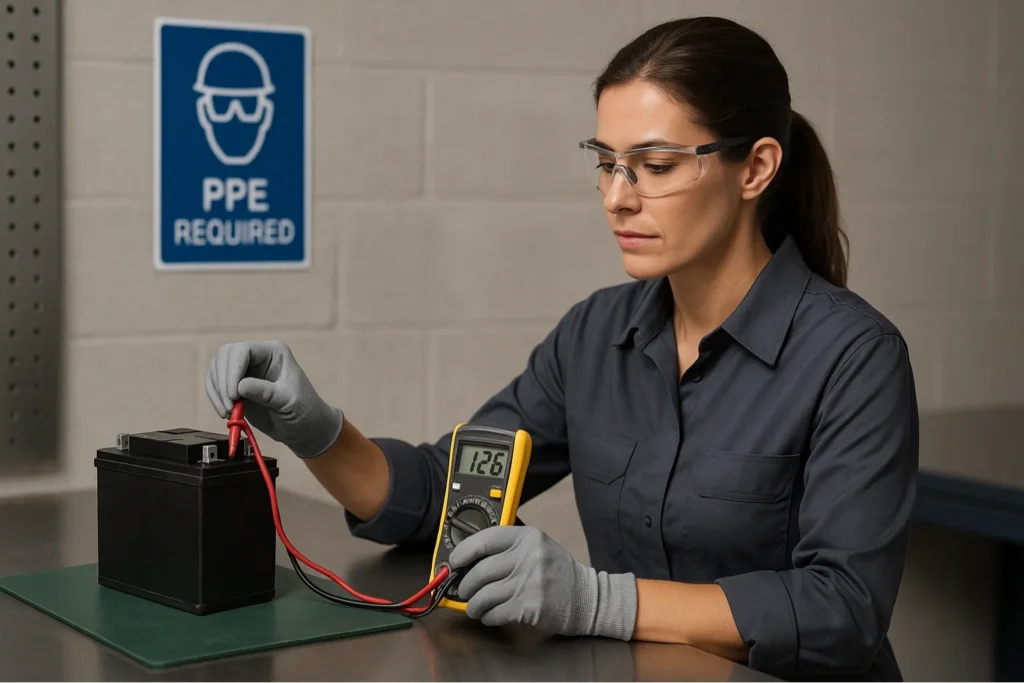 Tecnica de mantenimiento revisando una bateria de fregadora automatica