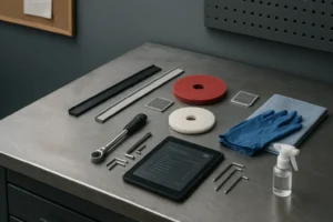 Técnico profesional realizando mantenimiento preventivo en fregadora industrial con herramientas especializadas