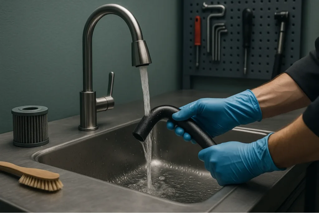 Limpieza diaria de gomas de aspiración y depósitos en fregadora profesional para prevenir averías