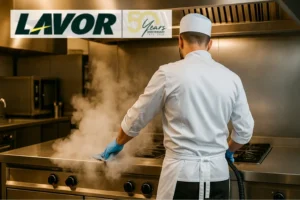 Profesional limpiando campana extractora con generador de vapor Lavor en cocina industrial profesional