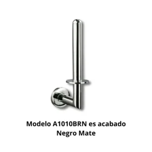 Portarrollos reserva vertical A1010BRN Carena tubo latón Ø20mm base aleación Zamac cincada embellecedor latón torneado Ø50mm acabado negro mate sistema antigiro dimensiones 50×210mm capacidad rollos Ø14cm resistencia oxidación 300h hotel boutique restaurante alta gama baños diseño contemporáneo minimalista elegancia sofisticada disimulo huellas profesional colectividades durabilidad