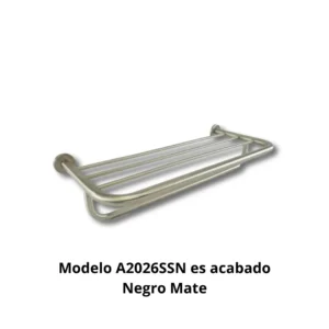 Toallero repisa colgador A2026SSN Genova tubo acero inoxidable AISI304 Ø20mm travesaños AISI304 Ø9mm base aleación Zamac cincada embellecedor chapa AISI304 embutida Ø45mm acabado negro mate dimensiones 540×215mm peso 0,648kg resistencia oxidación superior 400h cámara nieblas salinas colocar toallas baño algodón tejidos hotel boutique restaurante alta gama baños amplios diseño contemporáneo minimalista elegancia sofisticada profesional colectividades durabilidad extrema ambientes húmedos capacidad generosa organización estructura