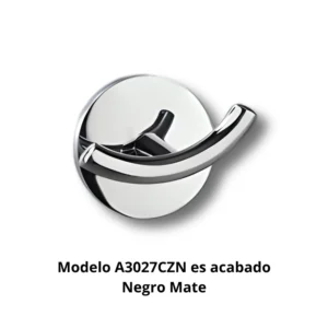 Percha doble A3027CZN Ancla aleación zinc macizo base anclaje acero inoxidable embellecedor aleación zinc acabado negro mate percha doble ganchos sistema prisionero dimensiones Ø60×72×50mm peso 0,108kg resistencia oxidación 300h cámara nieblas salinas colgar toallas albornoces batas hotel baños compactos diseño contemporáneo minimalista elegancia sofisticada profesional colectividades durabilidad construcción robusta capacidad dual formato pequeño instalación rápida optimización espacio