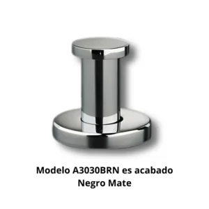 Percha recta tapón A3030BRN Carena tubo latón Ø20mm base aleación Zamac cincada embellecedor latón torneado Ø50mm acabado negro mate percha simple tapón recta sistema antigiro dimensiones 50×50×49mm peso 0,145kg resistencia oxidación 300h cámara nieblas salinas colgar toallas albornoces textiles baño hotel boutique restaurante alta gama baños diseño minimalista contemporáneo elegancia sofisticada profesional colectividades durabilidad construcción robusta formato discreto integración pared optimización espacio