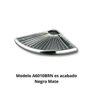 Jabonera esquina rejilla A6010BRN Compás Latón armazón pletina latón semicircular 5×10mm rejilla varilla latón Ø3mm acabado negro mate dimensiones 180×180×20mm peso 0,385kg resistencia oxidación 300h cámara nieblas salinas colocación pastillas jabón productos aseo ducha hotel restaurante baños duchas formato esquina optimización espacio diseño contemporáneo elegancia sofisticada profesional colectividades durabilidad construcción robusta drenaje agua capacidad generosa