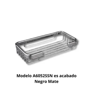 Jabonera rejilla recta A6052SSN armazón pletina acero inoxidable AISI304 7×13mm varillas calibrado AISI304 Ø3mm acabado negro mate dimensiones 200×105×40mm peso 0,140kg resistencia corrosión extrema colocación pastillas jabón productos aseo ducha hotel colectividades duchas bañeras formato recta versátil diseño contemporáneo elegancia sofisticada profesional durabilidad construcción robusta drenaje agua capacidad generosa optimización espacio